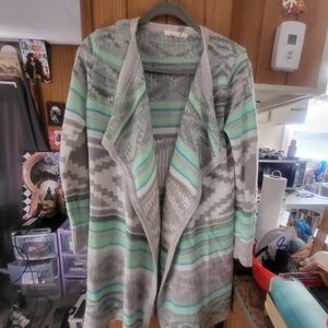 miami Gray Open-Front Cardigan with Mint and Teal Stripes